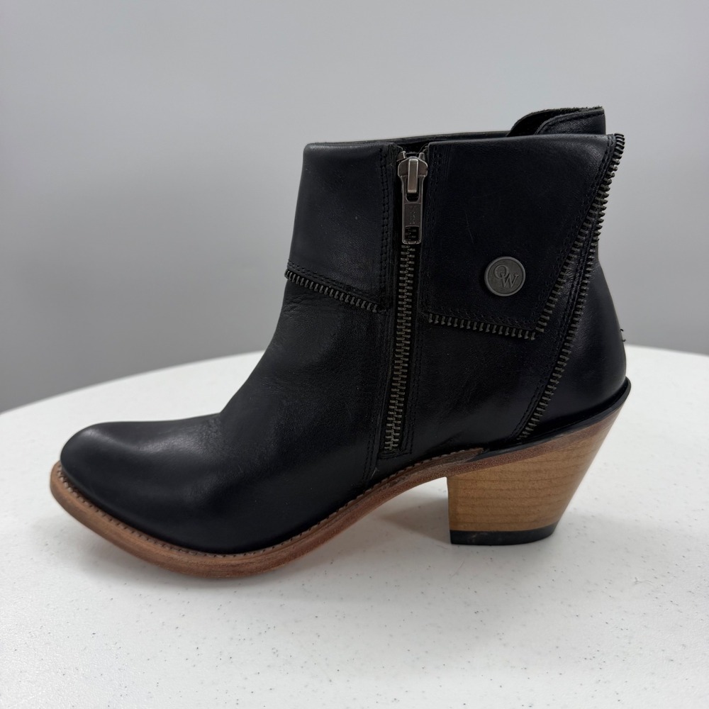 Jama Old West 18159 Black Leather Western Ankle Boots Wood Block Heel Wm 7.5 M